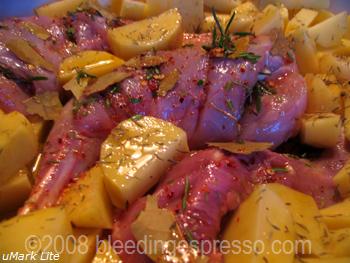 Roasted rabbit and potatoes (before cooking) on Flickr